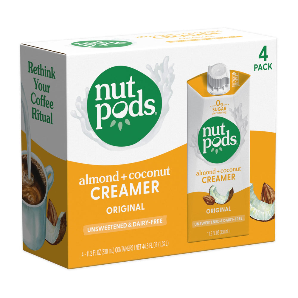 nutpods envases frontales pack de 4 mostrando etiqueta y beneficio sin azúcares