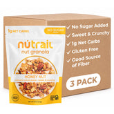 NuTrail empaque frontal Honey Nut mostrando beneficios keto y sin azúcar