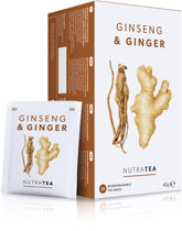 Nutra Tea frente del paquete mostrando mezcla 50% jengibre 50% ginseng y beneficios