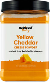 Nutricost envase frontal de queso cheddar en polvo mostrando cantidad y marca