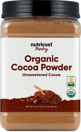 Nutricost envase frontal de cocoa orgánico mostrando el tamaño y presentación