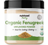 Nutricost envase frontal de fenogreco orgánico mostrando etiqueta clara