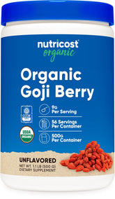 Nutricost frasco frontal de goji 500 g mostrando envase y cantidad, útil para planificación