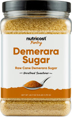 Nutricost frasco frontal mostrando azúcar demerara dorada y cantidad generosa
