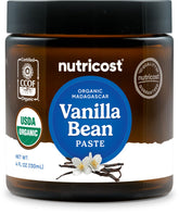 Nutricost frasco frontal de pasta de vainilla Madagascar mostrando envase y marca, ideal para repostería