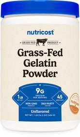 Nutricost envase frontal mostrando gelatina de res, fácil identificación y uso