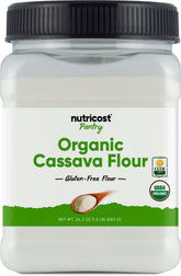 Nutricost frontal del empaque de harina de yuca orgánica mostrando etiqueta clara