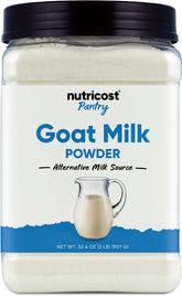 Nutricost envase frontal de leche de cabra en polvo muestra presentación 2 lb y beneficios