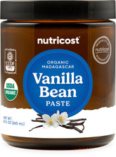 Nutricost envase frontal de pasta de vainilla orgánica, formato 8 oz, calidad auténtica