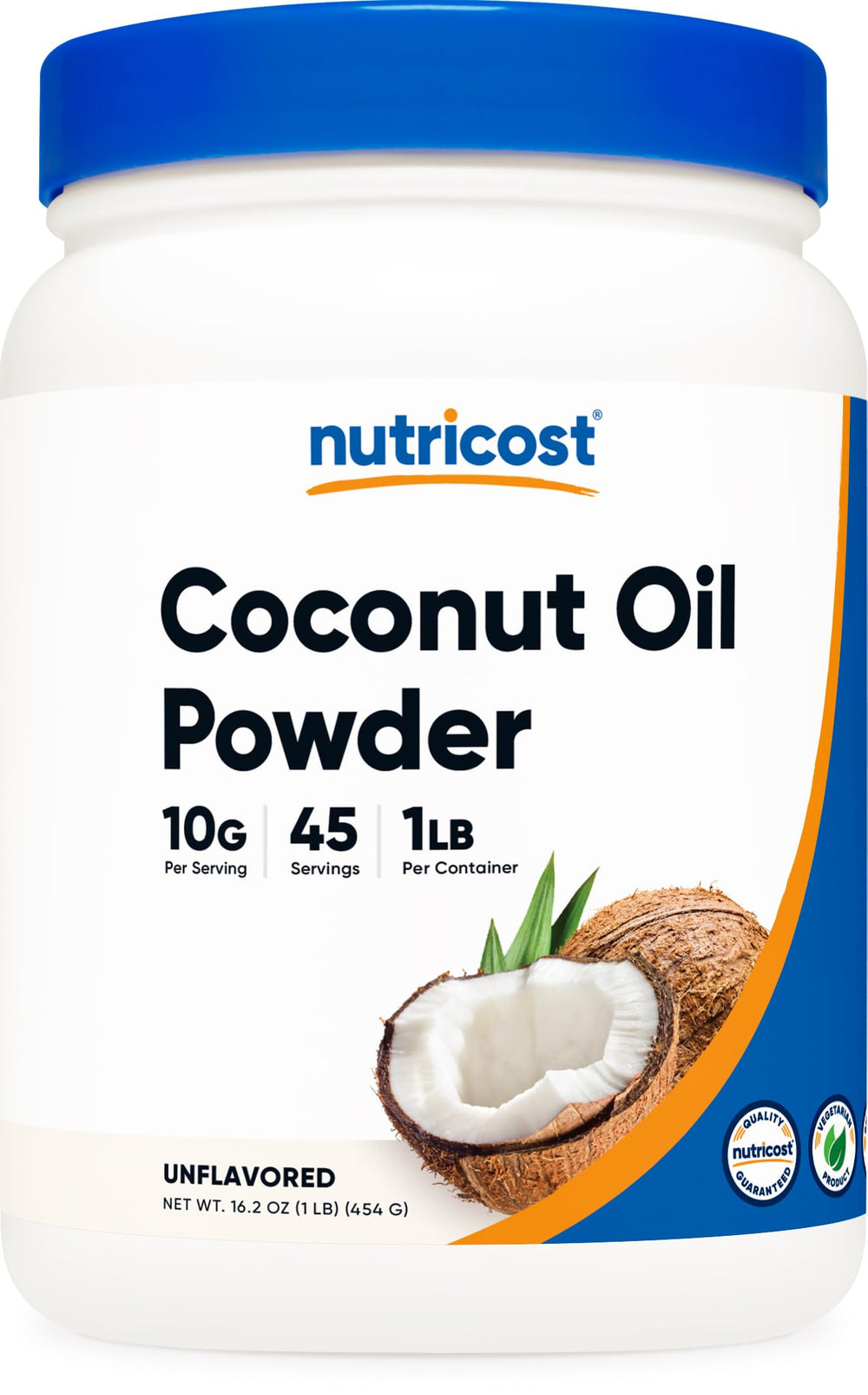 Nutricost envase frontal del polvo de aceite de coco, presentación limpia