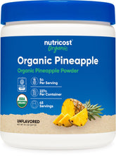 Nutricost envase frontal de polvo de piña orgánica mostrando el paquete y beneficio de sabor natural