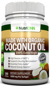 NutriONN envase frontal mostrando 180 softgels y beneficios orgánicos
