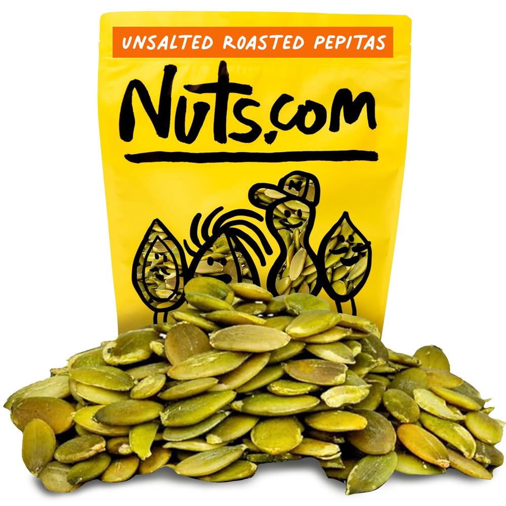 Nuts.com paquete frontal de pepitas tostadas sin sal mostrando diseño y tamaño