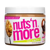 Nuts 'N More frente del empaque mostrando sabor chocolate maple pretzel y 15 oz