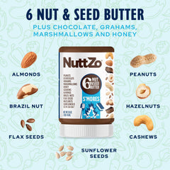 NuttZo junto a cacahuates, almendras y semillas, visualiza ingredientes nutritivos