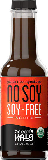 Ocean’s Halo botella frontal mostrando salsa sin soya, alternativa segura