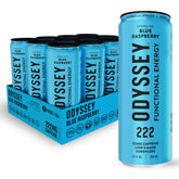 Odyssey Elixir lata frontal Blue Raspberry mostrando diseño y beneficio energía limpia