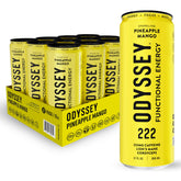 Odyssey Elixir lata Piña Mango vista frontal con diseño vibrante y beneficio de energía limpia