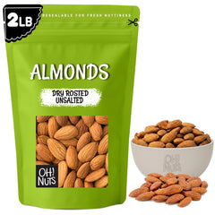 Oh! Nuts frente del empaque de almendras tostadas sin sal, conveniente para almacenar