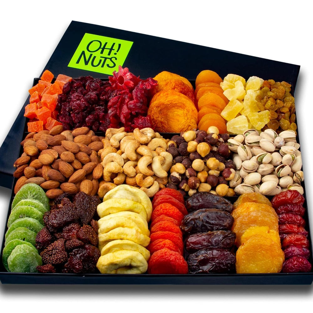Oh! Nuts canasta frontal mostrando variedad gourmet y presentación lista para regalar