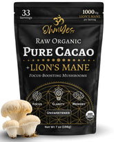 OhmYes empaque frontal mostrando cacao crudo orgánico y Lion’s Mane, conveniencia diaria