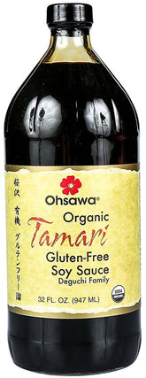オーサワジャパン botella Tamari al frente mostrando etiqueta tradicional y beneficio de sabor