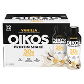 Oikos botella frontal con sabor vainilla y 30 g de proteína visible