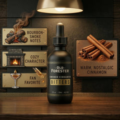 Detalle de etiqueta y gotero Old Forester Cinnamon Bitters mostrando textura y precisión
