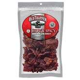Old Trapper empaque frontal mostrando bolsa resellable y sabor picante