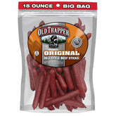 Old Trapper empaque frontal mostrando la bolsa de 15 oz y conveniencia