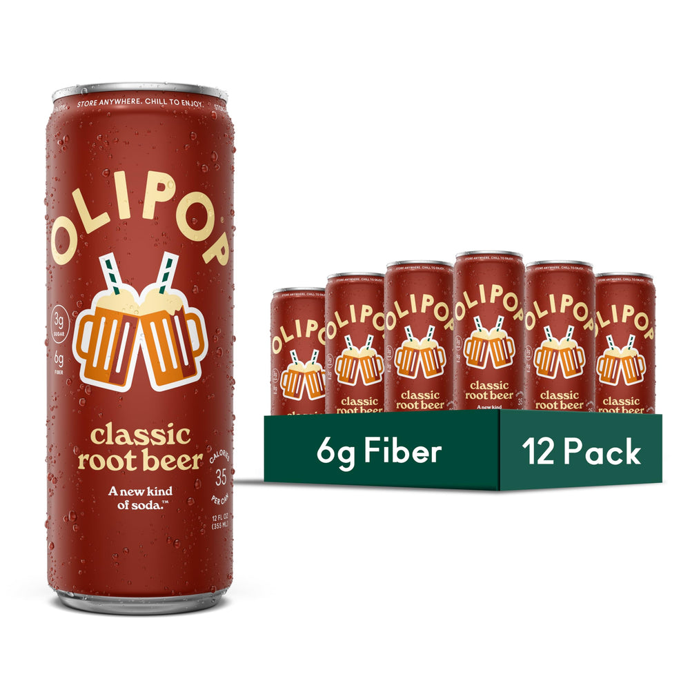 OLIPOP lata delantera Classic Root Beer mostrando diseño y disfrute