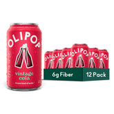OLIPOP lata frontal del paquete mostrando sabor vintage y fibra prebiótica