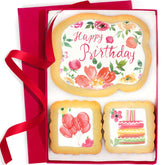 OMCookie caja frontal con tres galletas decoradas y embalaje protector, ideal para regalar