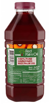 Omni botella frontal de aceite de palma rojo mostrando presentación y uso doméstico