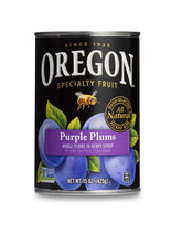 Oregon lata frontal mostrando ciruelas enteras en almíbar, conveniencia para postres