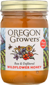 Oregon Growers frasco frontal mostrando etiqueta y pureza de la miel