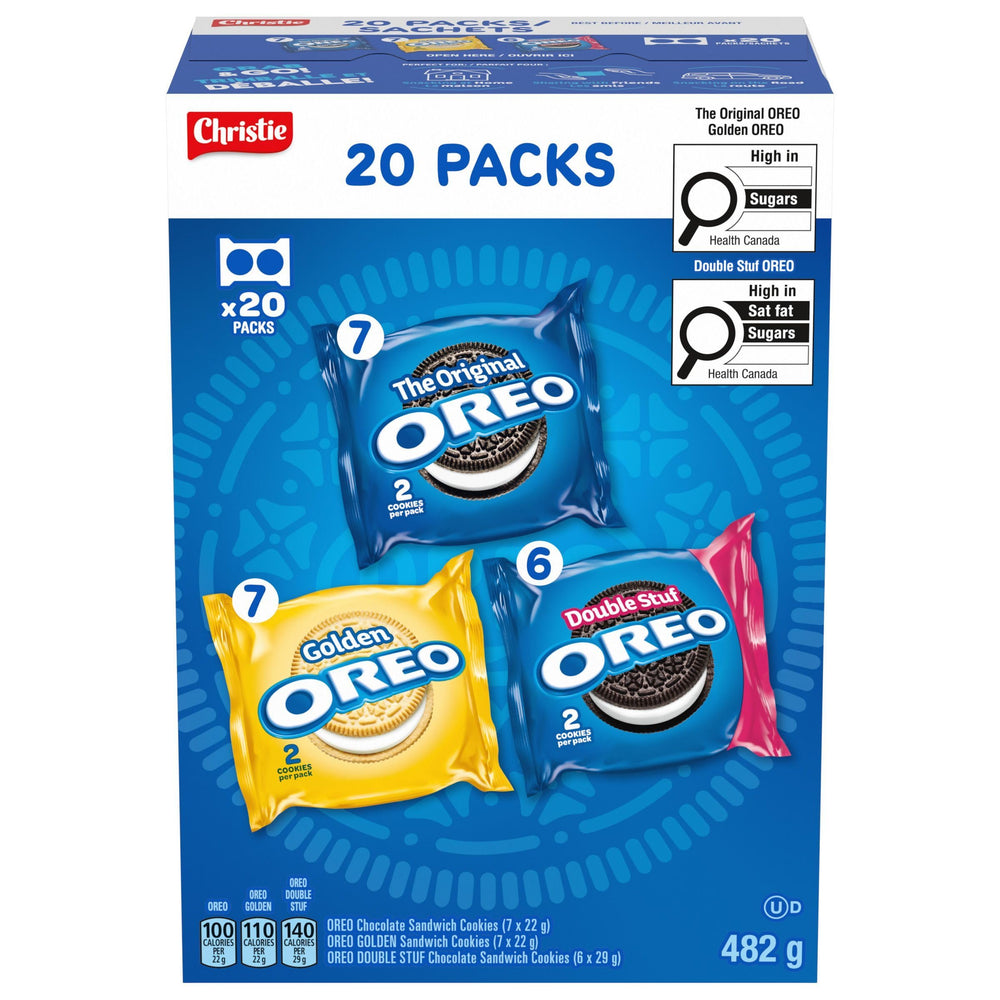 Oreo frente del empaque mostrando variedad y conveniencia