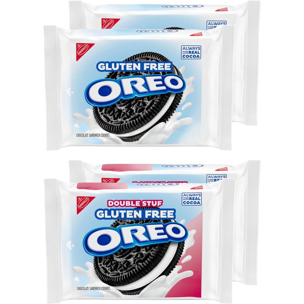 OREO pack frontal mostrando Original y Double Stuf sin gluten, ideal para compartir