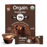 Orgain barra frontal del paquete mostrando el diseño y sabor Peanut Butter Chocolate Chunk, ideal para llevar