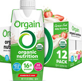 Orgain batido fresa pack frontal mostrando etiqueta y sello orgánico