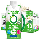 Orgain batido vainilla frontal mostrando envase y sellos orgánicos