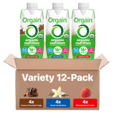 Orgain botella frontal del pack variado mostrando sabores y tamaño portátil
