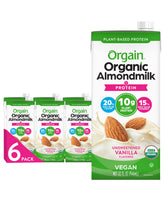 Orgain envase frontal de leche de almendra vainilla, aspecto apetecible y natural