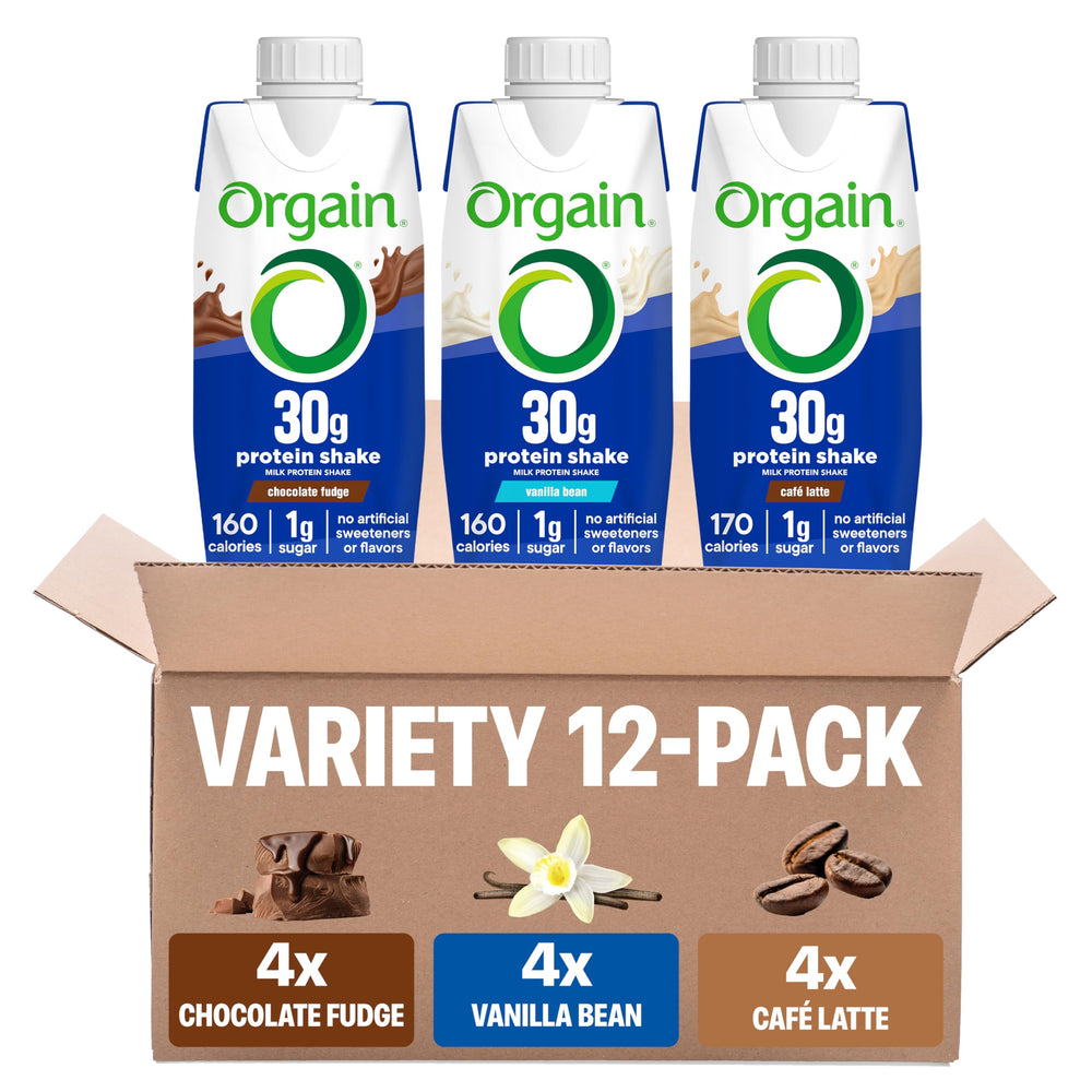 Orgain frente del pack variedad mostrando latas y beneficios proteicos