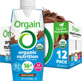 Orgain envase frontal chocolate mostrando diseño y facil calentamiento del consumo