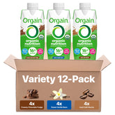 Orgain envase frontal del pack 12, muestra nutritiva y conveniente