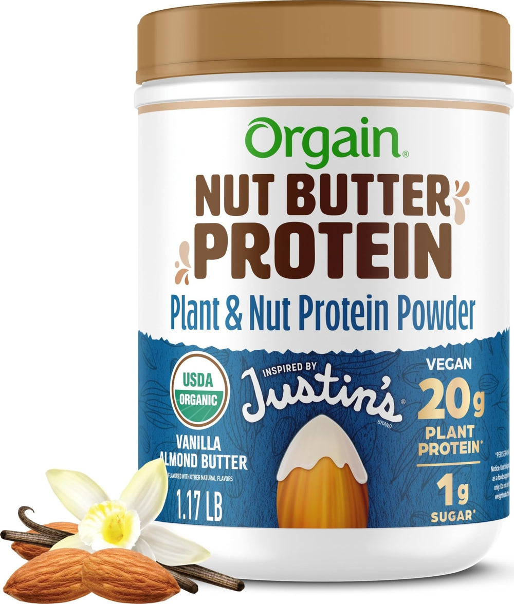 Orgain frasco front mostrando etiqueta Vainilla Almond Butter y beneficio nutritivo