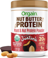 Orgain X Justin's frasco frontal mostrando etiqueta y sabor chocolate peanut butter