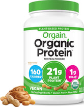 Orgain envase frente mostrando sabor mantequilla de maní y beneficio de proteína limpia
