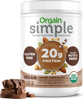 Orgain polvo chocolate frente mostrando envase y beneficios orgánicos